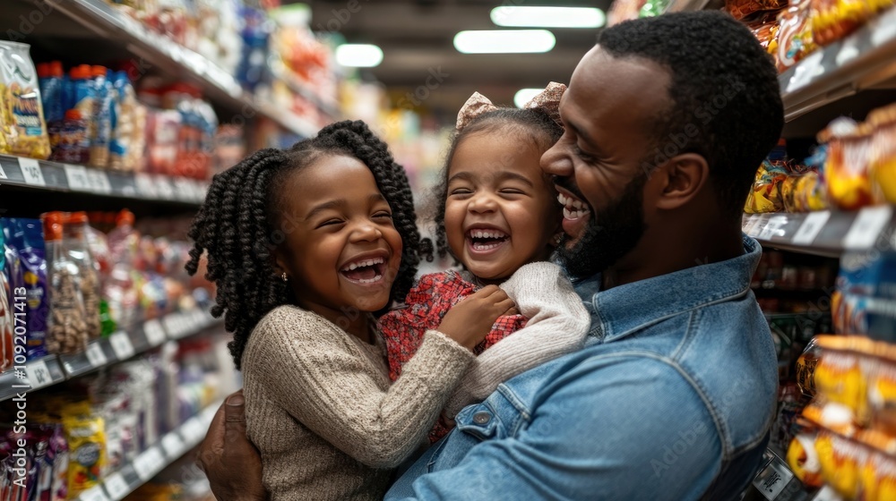A joyful father embraces his two laughing daughters in a grocery store aisle. A joyful father embraces his two laughing daughters in a grocery store aisle.