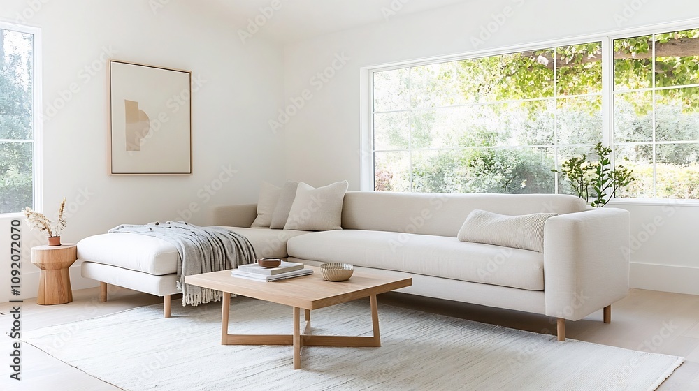 Minimalist Living Room with Neutral Sofa Wooden Coffee Table and Bright Natural Lighting Minimalist Living Room with Neutral Sofa Wooden Coffee Table and Bright Natural Lighting