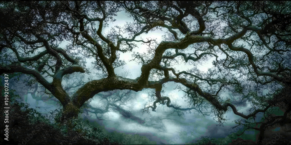 Fototapeta premium A tree with many branches and leaves is shown in a dark sky