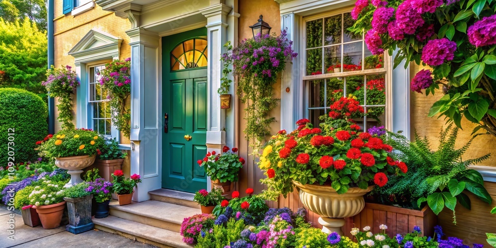 Fototapeta premium Captivating Macro Photography of a Charming Home Front View Emphasizing Architectural Details, Lush Landscaping, and Inviting Atmosphere for Stock Imagery Use