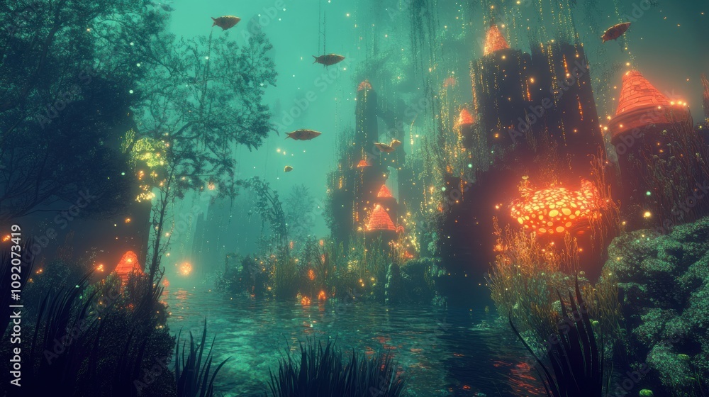 Fototapeta premium A surreal underwater landscape with glowing coral reefs, luminescent plants, and mysterious flying objects.