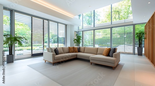 Minimalist Living Room with Neutral Tones Wooden Accents and Large Windows