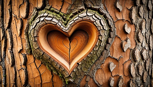 Tree bark with heart shape rough surface deep grooves