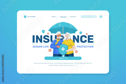 Senior life insurance illustration on web landing page template