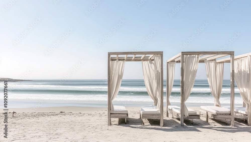 Serene beach scene with cabanas and gentle waves under a clear sky. Serene beach scene with cabanas and gentle waves under a clear sky.