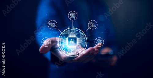 Concept of artificial intelligence integration into technology and human interaction. An AI chip hovers above a hand, surrounded by icons representing data, neural networks, and innovation. AI tech.