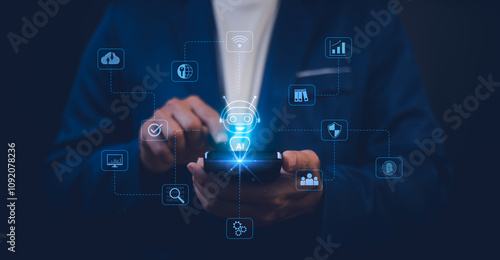 Man use smartphone with AI robot icon surrounded by connected tech symbols, representing artificial intelligence and digital integration. Concept AI-driven innovation. IoT for technology AI automation