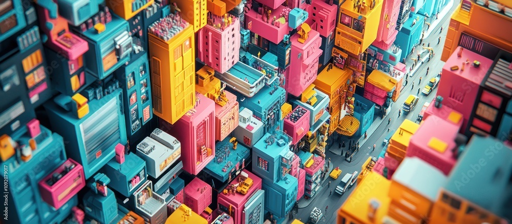 Fototapeta premium Colorful, stylized, 3D model of a city with blue, yellow, pink, and orange buildings and a road with cars.