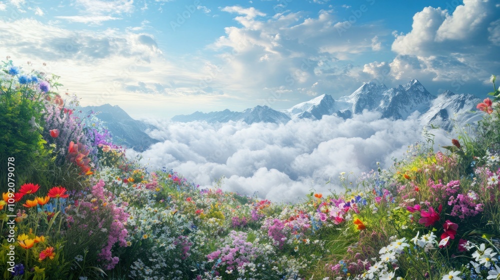 Obraz premium A vibrant meadow of wildflowers blooms in the foreground, with majestic snow-capped mountains and clouds creating a breathtaking landscape in the background.