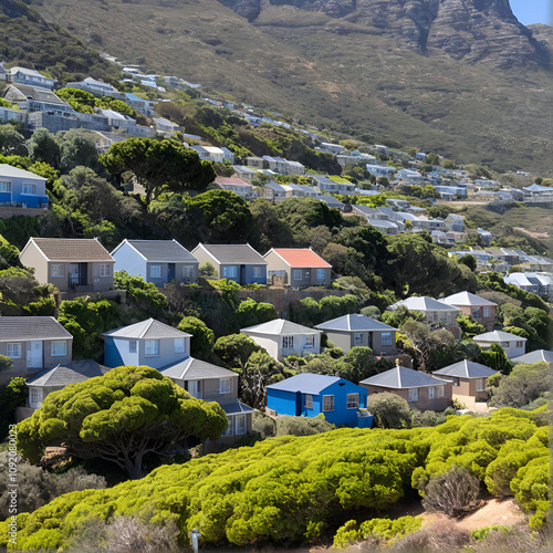 Local South African township housing residence area around Hout Bay hill side landscape from ocean photo