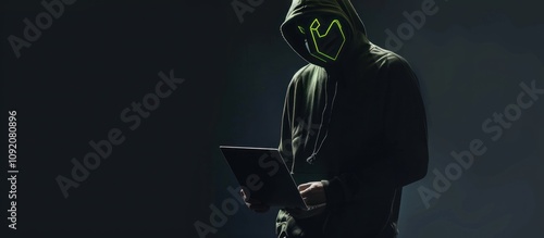 A hacker in a neon glowing mask holding a laptop isolated on a dark background, with a shadow effect, from a side view.