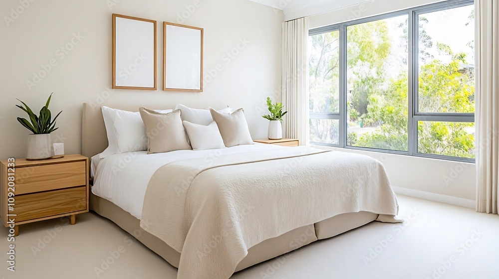 Neutral Toned Bedroom with Soft Furnishings and Abundant Natural Lighting Neutral Toned Bedroom with Soft Furnishings and Abundant Natural Lighting