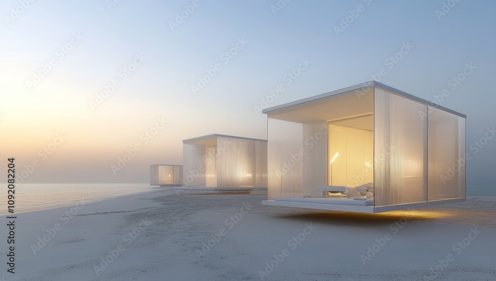 Modern glass cabins on a serene beach at sunrise, designed for relaxation and escape. Modern glass cabins on a serene beach at sunrise, designed for relaxation and escape.