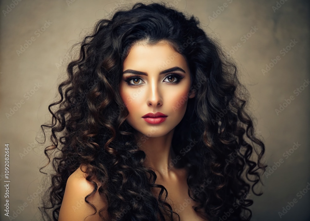 Captivating Minimalist Portrait of a Beautiful Woman with Long Black Curly Hair Against a Soft Neutral Background Emphasizing Natural Beauty and Elegance Captivating Minimalist Portrait of a Beautiful Woman with Long Black Curly Hair Against a Soft Neutral Background Emphasizing Natural Beauty and Elegance