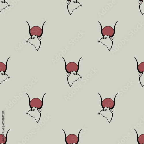 Seamless ethnic animal pattern with heads of ancient Egyptian sacred cow. Goddess Hesat or Hathor.