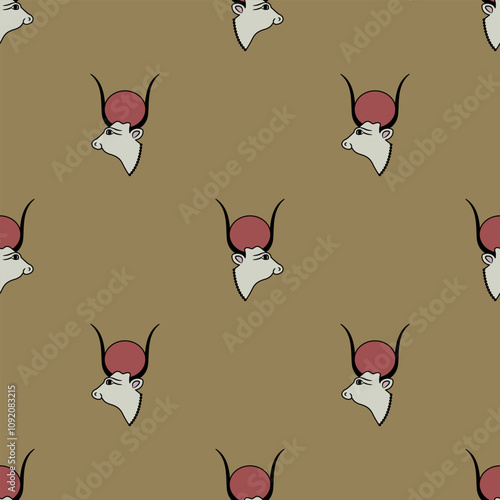 Seamless ethnic animal pattern with heads of ancient Egyptian sacred cow. Goddess Hesat or Hathor.