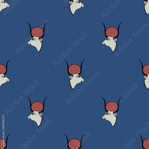 Seamless ethnic animal pattern with heads of ancient Egyptian sacred cow. Goddess Hesat or Hathor.