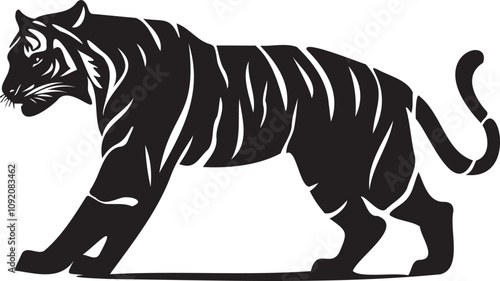 Silhouette of a tiger prowling on white background