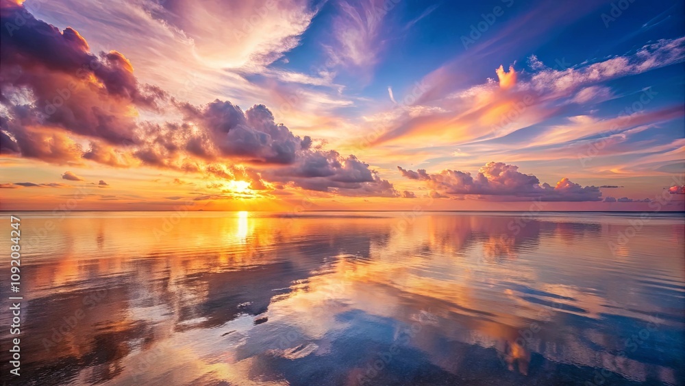Fototapeta premium Serene Sunset Reflection in a Calm Sea with a Sky Filled with Dramatic Hues of Pink, Orange, and Blue