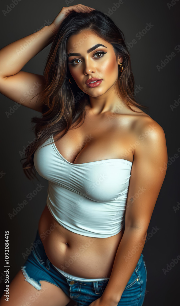 Fototapeta premium Elegant and radiant female model with a curvy body, embracing beauty, sensuality, and charm while creating exclusive online content for vibrant online connections.