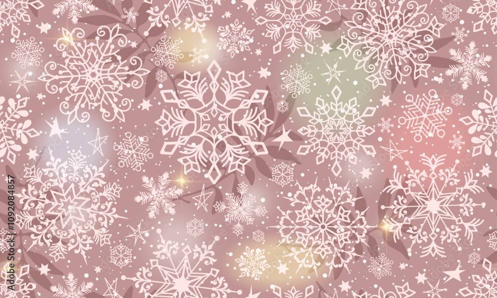 Vector festive pinr seamless Christmas pattern with snowflakes, stars and colorful gradient spots Vector festive pinr seamless Christmas pattern with snowflakes, stars and colorful gradient spots