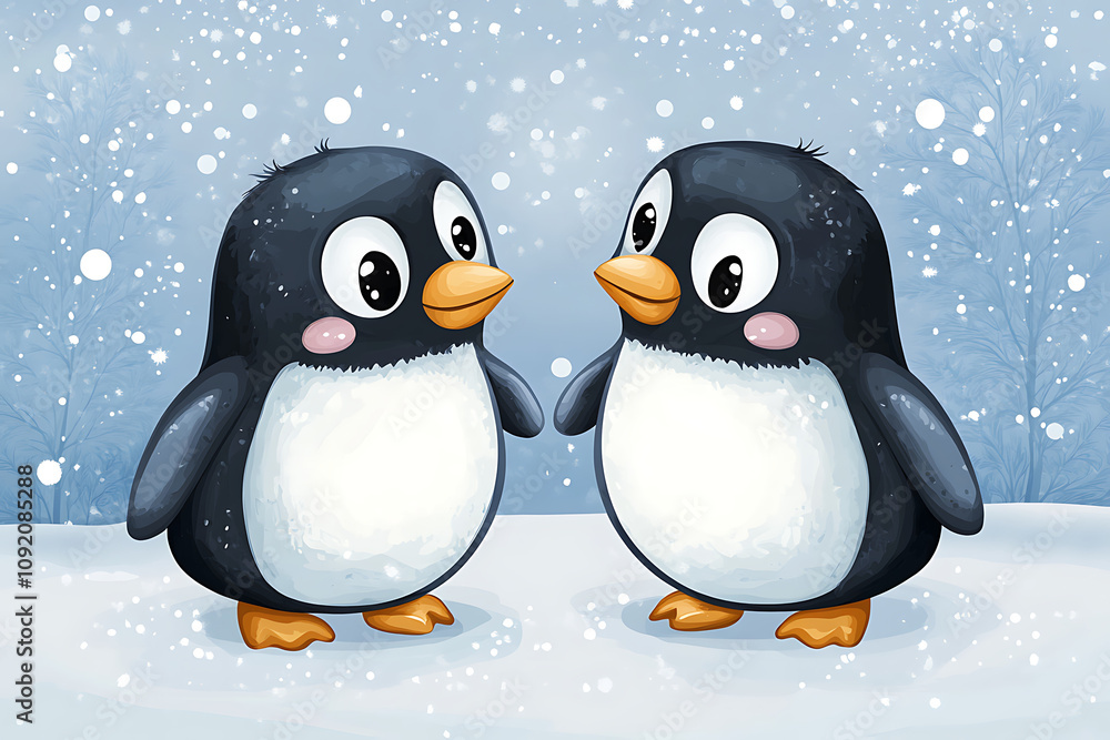 Obraz premium Two cute cartoon penguins standing in a snowy landscape with falling snowflakes.