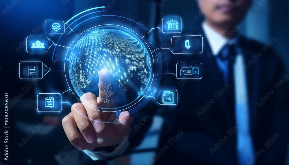 A person hand interacts with a holographic Chat AI interface on a computer. A person hand interacts with a holographic Chat AI interface on a computer.