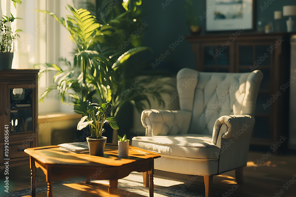 Obraz premium Sunlit Living Room with Comfortable Chair and Lush Greenery: A Relaxing Home Interior Design