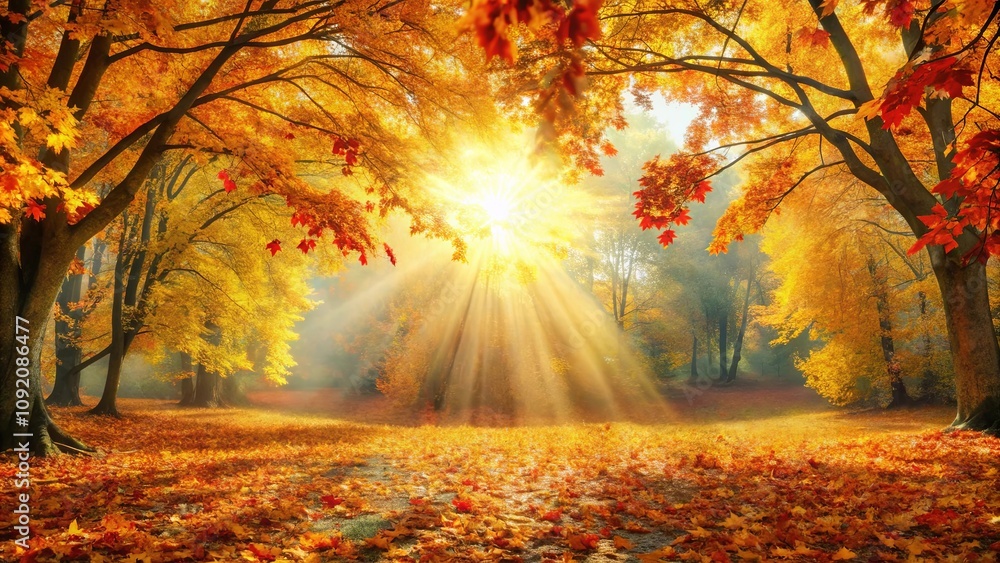 Golden Light Illuminates an Autumn Forest with Vivid Colors and Sunlight Beams Piercing Through the Canopy Golden Light Illuminates an Autumn Forest with Vivid Colors and Sunlight Beams Piercing Through the Canopy