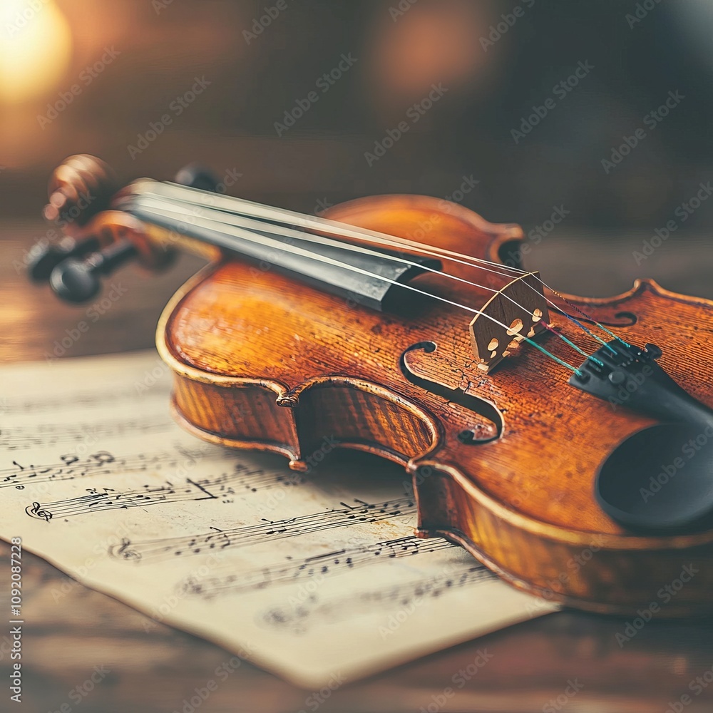 Fototapeta premium A violin resting on sheet music, evoking a sense of musical artistry.