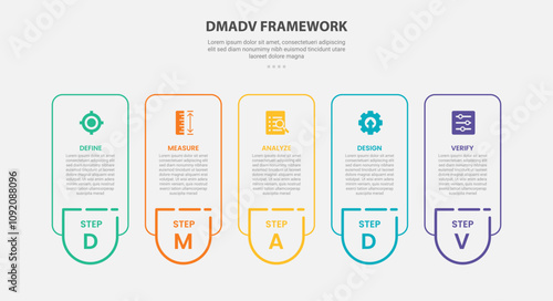 DMADV framework infographic outline style with 5 point template with round vertical box container with badge on bottom for slide presentation