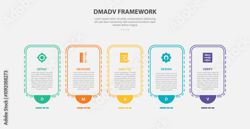 DMADV framework infographic outline style with 5 point template with round box container with half circle bottom badge for slide presentation