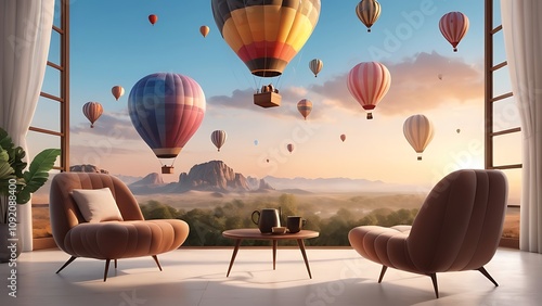 Hot air balloons floating gracefully above rolling hills and varied agricultural fields during late afternoon
