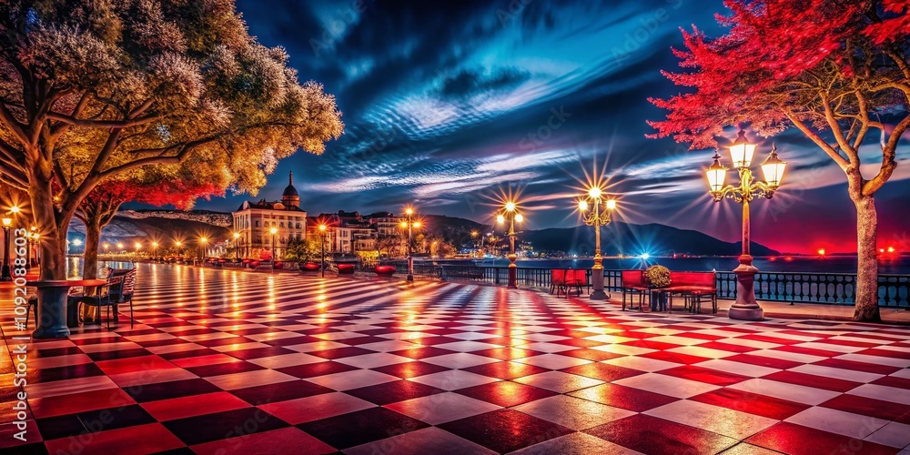 Obraz premium Captivating Night Photography Featuring a Vibrant Red Checkered Background with Striking Contrast and Depth, Perfect for Creative Projects and Visual Storytelling