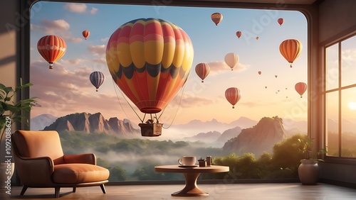 Hot air balloons floating gracefully above rolling hills and varied agricultural fields during late afternoon
