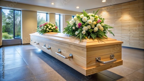 Wooden coffin with funeral flowers in crematorium