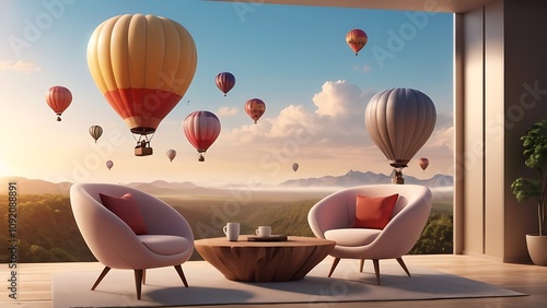 Hot air balloons floating gracefully above rolling hills and varied agricultural fields during late afternoon
