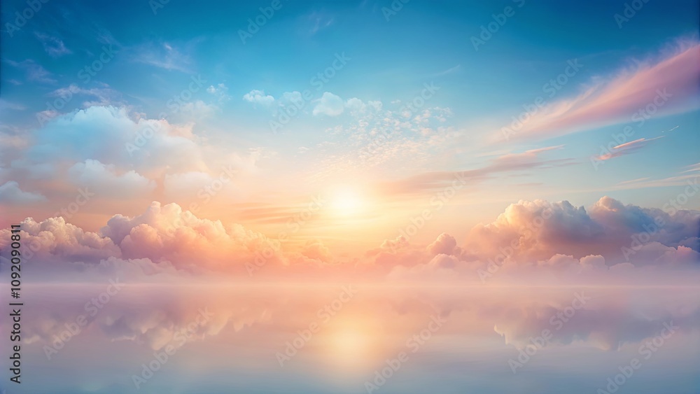 Obraz premium Peaceful Serenity of a Serene Sunset with a Reflective Water Surface and Softly Glowing Clouds