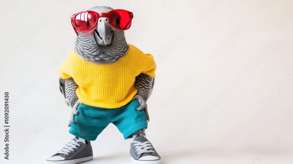 A stylized bird wearing sunglasses and casual clothing, exuding a fun, playful vibe. A stylized bird wearing sunglasses and casual clothing, exuding a fun, playful vibe.