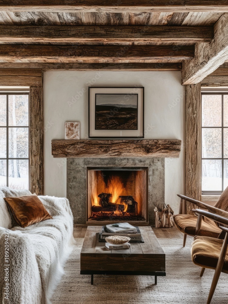 Fototapeta premium Rustic Living Room Fireplace Winter Scene Cozy Interior