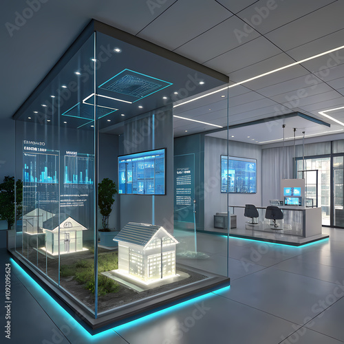 This image depicts a modern showroom or presentation space showcasing smart home technology and energy efficiency. Several key elements stand out: