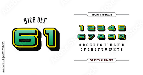 Kick off 61: Bold green numbers with a clean black outline. Features white A-Z characters on a white background. A dynamic design for modern jersey styles.
