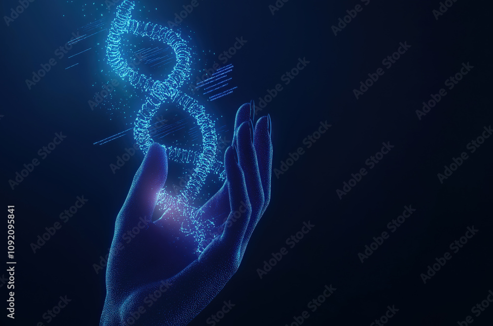 Glowing digital DNA strand hovers above a futuristic hand made of particles, symbolizing innovation in genetics, technology, and biotechnology Glowing digital DNA strand hovers above a futuristic hand made of particles, symbolizing innovation in genetics, technology, and biotechnology