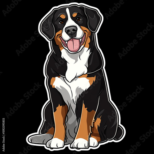 Bernese Mountain Dog Sitting Peacefully 2D Cartoon Illustration for Pet Lovers and Animal Enthusiasts