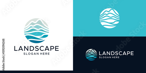 Landscape design logo. abstract mountain logo with sea water design in colorful style. vector symbol icon