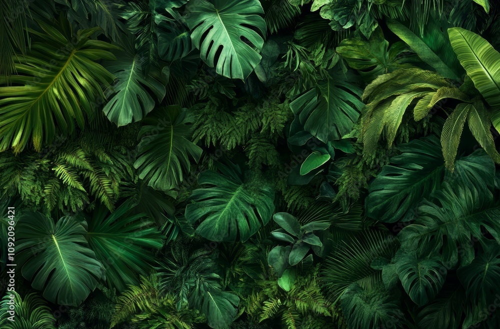 Lush green tropical foliage in dense jungle scenery, suitable for nature websites, travel brochures, outdoor advertisements, and environmental presentations. Lush green tropical foliage in dense jungle scenery, suitable for nature websites, travel brochures, outdoor advertisements, and environmental presentations.