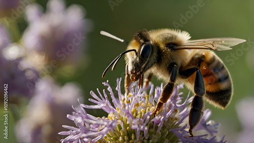 bee collecting pollen Close-up of bee pollinating on yellow flower Flitwick Bedford United Kingdom garden background, photo