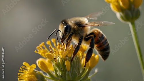 bee collecting pollen Close-up of bee pollinating on yellow flower Flitwick Bedford United Kingdom garden background, photo