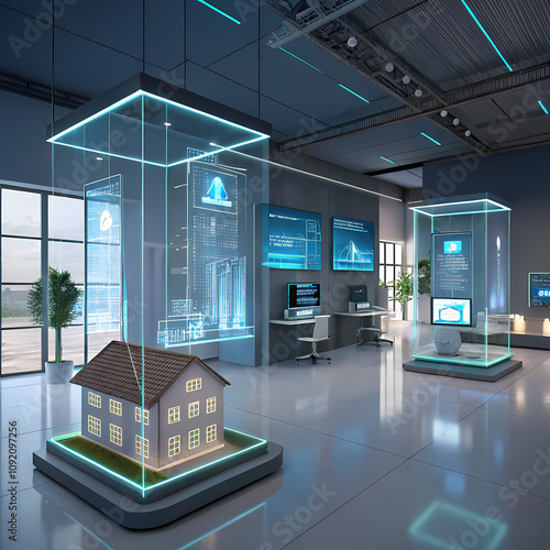 This image depicts a modern showroom or presentation space showcasing smart home technology and energy efficiency. Several key elements stand out: