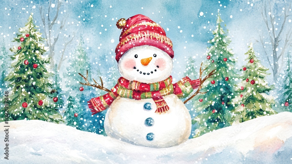 A Cheerful Snowman in a Snowy Winter Wonderland with Christmas Trees A Cheerful Snowman in a Snowy Winter Wonderland with Christmas Trees